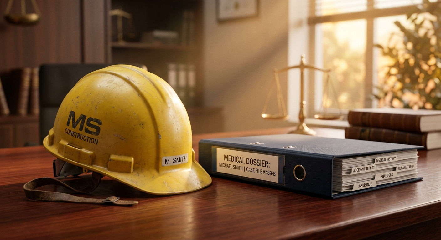 קסדת בטיחות צהובה של פועל בניין וקלסר מסמכים רפואיים מונחים על שולחן עץ במשרד עורך דין תאונות עבודה, עם מאזני צדק ברקע