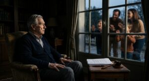 קשיש יושב בכורסה בחדר אפלולי לצד מסמכים משפטיים ופטיש עץ, בעוד משפחה צעירה מביטה בו בשמחה מבעד לחלון רטוב מגשם