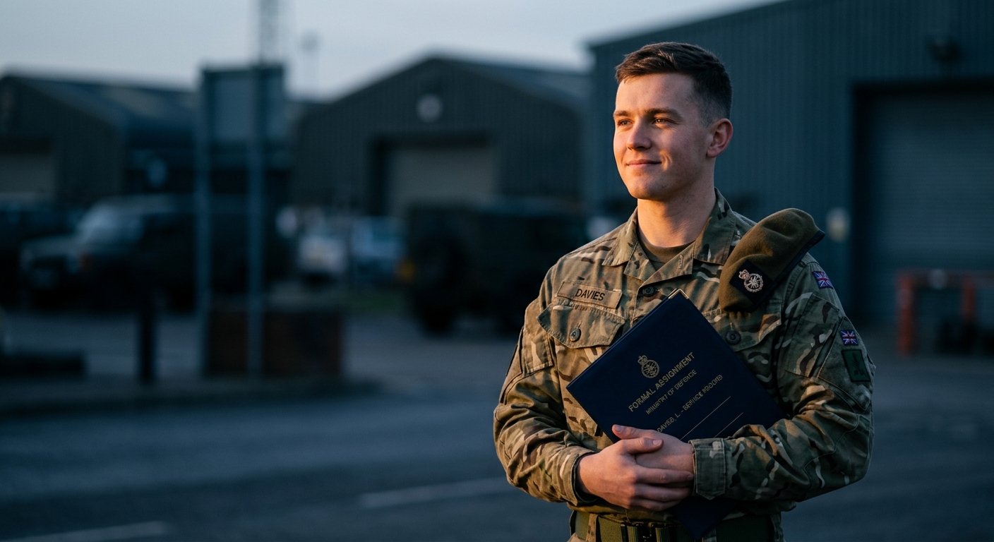 חייל בריטי צעיר במדי הסוואה מחייך ומחזיק את תיק ההצבה הרשמי שלו בבסיס צבאי