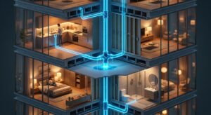 תרשים תלת ממד של חתך בניין מגורים המציג את מערכת הצנרת המרכזית ונזילת מים בין הקומות