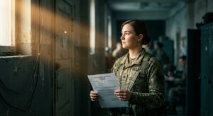 חיילת צעירה במדי צבא עומדת במבנה צבאי, מחזיקה מסמך רשמי ומביטה לעבר אור השמש החודר מהחלון.