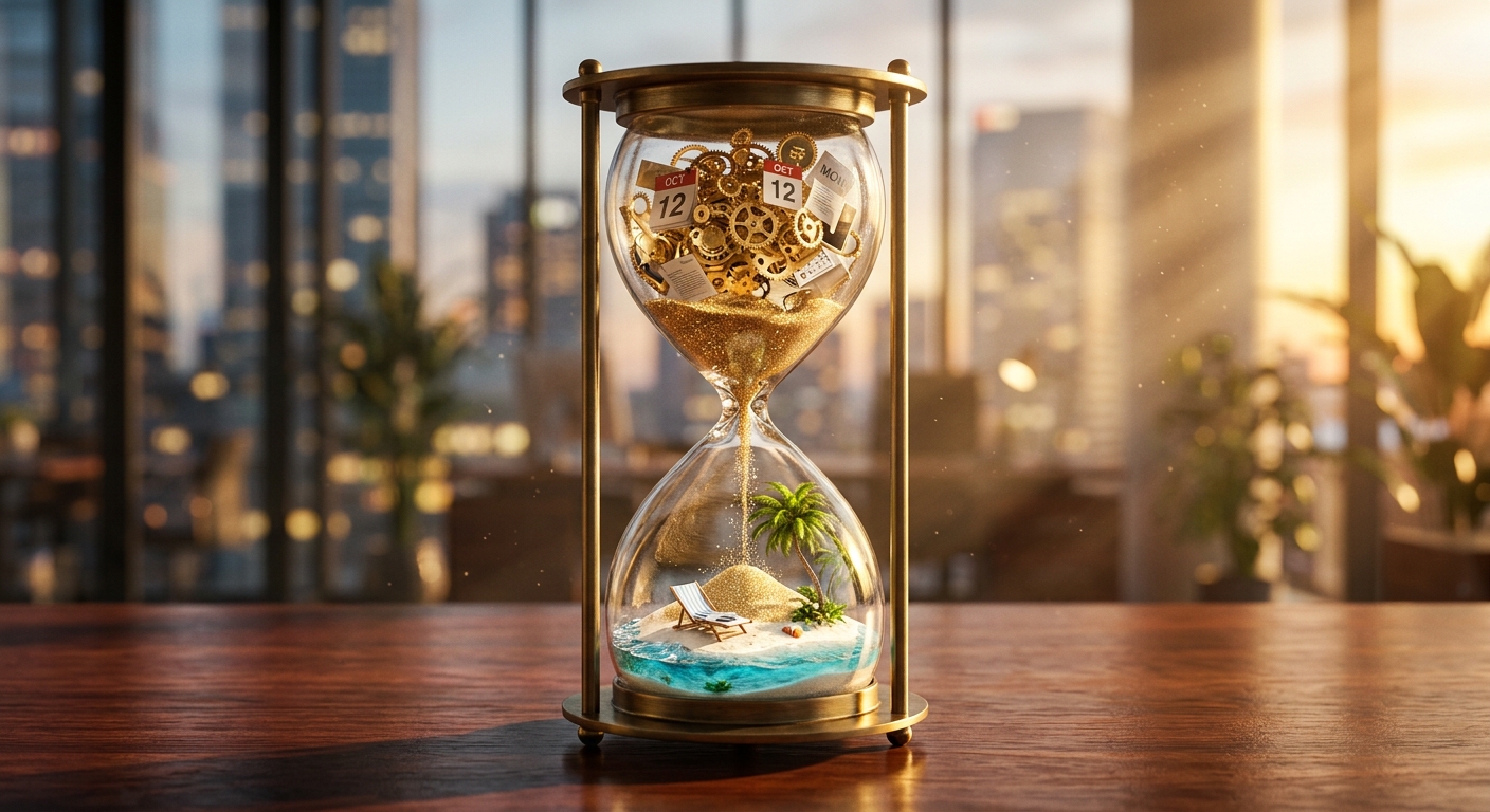 שעון חול דקורטיבי על שולחן משרדי, המציג גלגלי שיניים ויומני עבודה בחלקו העליון אשר הופכים לחוף ים טרופי עם עץ דקל בחלקו התחתון