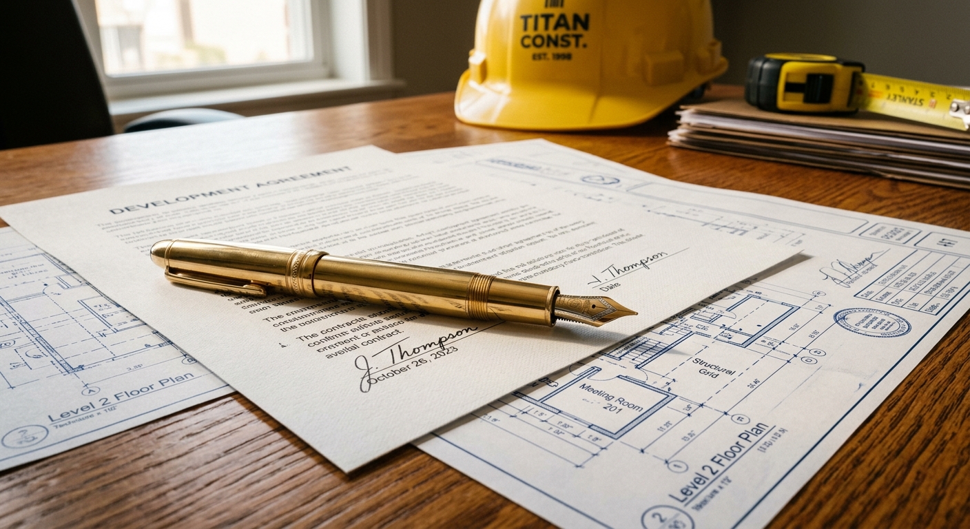 עט נובע מזהב מונח על חוזה פיתוח חתום, לצד שרטוטי בנייה אדריכליים, קסדת בטיחות צהובה של קבלן וסרט מידה על שולחן עץ.