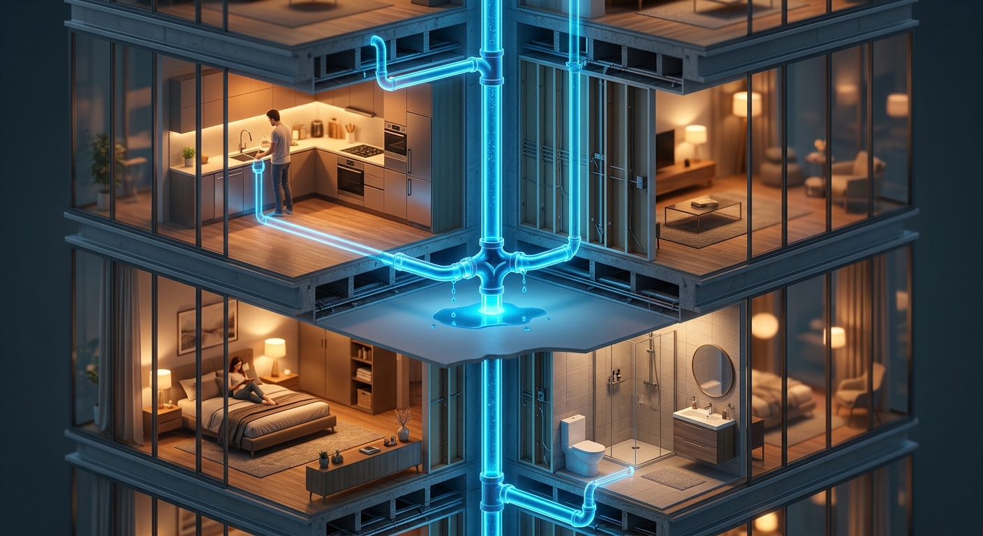 תרשים תלת ממד של חתך בניין מגורים המציג את מערכת הצנרת המרכזית ונזילת מים בין הקומות